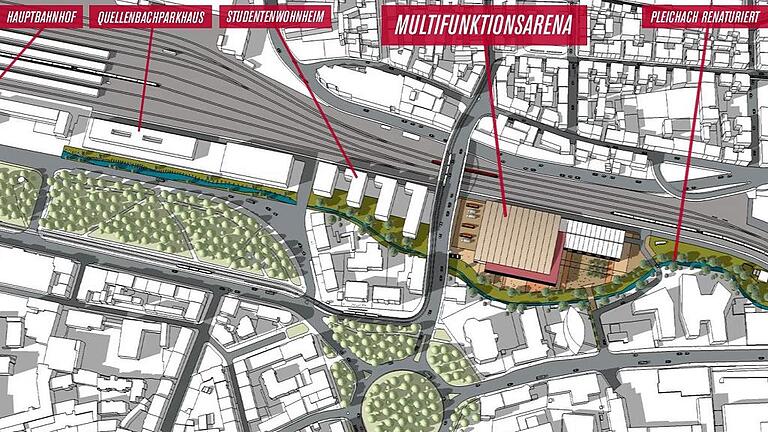Nordöstlich des Berliner Rings (Kreis unten) soll die neue Multifunktionsarena in Würzburg gebaut werden. Nordöstlich des Berliner Rings (Kreis unten) soll die neue Multifunktionsarena in Würzburg gebaut werden.