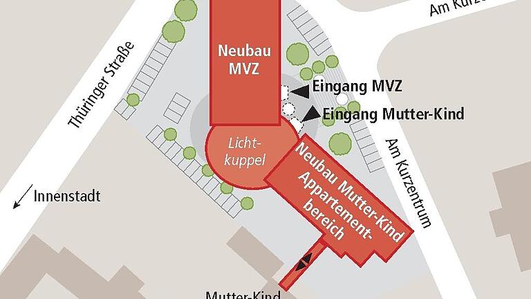 Erster grober Lageplan: Oben der MVZ-Neubau und, mit einer Lichtkuppel verbunden, der neue Mutter-Kind-Bereich.