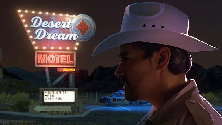 Screenshot vom Spiel &bdquo;As Dusk Falls&rdquo;       -  Ein wahrer Wüstentraum: In diesem Motel in der Wüste spielt &bdquo;As Dusk Falls&rdquo;.