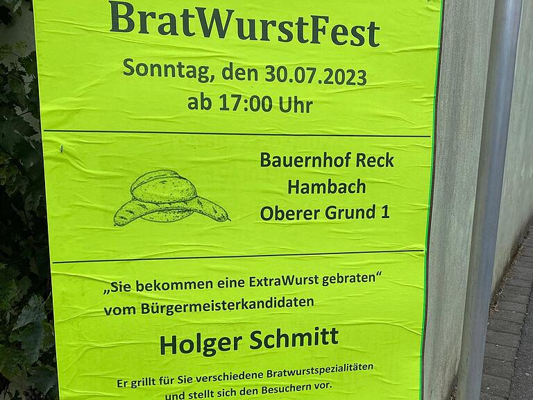 Mit diesem Plakat hat Bürgermeisterkandidat Holger Schmitt seinen Auftritt auf dem Bauernhof Reck in Hambach beworben. In einem Brief hat sich Amtsinhaber Willi Warmuth in einer Art damit befasst, die Schmitt und anderen gar nicht schmeckt.