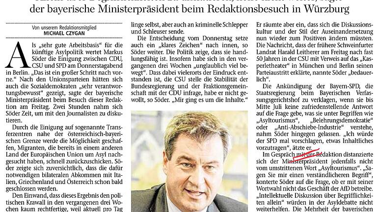 Main-Post Bericht vom 7. Juli 2018 auf der Titelseite       -  Der Bericht über den Redaktionsbesuch in der Main-Post, bei dem Söder darin eine Antwort 'ätzt'. Diese Wertung kritisiert ein Leser.