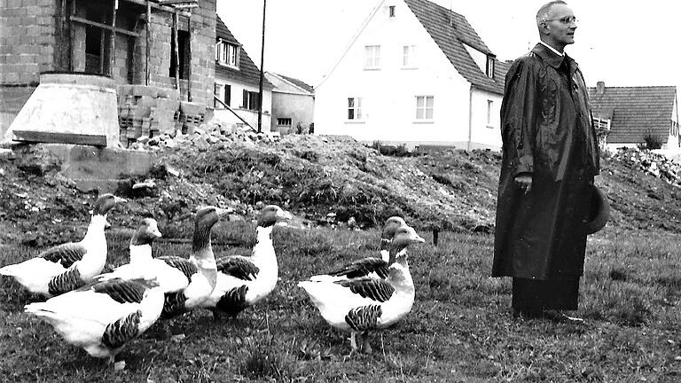 Die Gänse wollten in den 1960-er Jahren vom Bürgermeister Dr. Hans Popp in Haßfurt persönlich hören, warum man sie im neuen Siedlungsgelände nicht mehr dulden möchte.