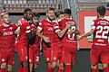 Eine homogene Einheit: (von links) Thomas Haas, Saliou Sané, Pascal Moll, Yannick Scholz, Torschütze Dominik Meisel, Ivan Franjic und Daniel Hägele freuen sich über das 2:0 der Würzburger Kickers gegen die SpVgg Bayreuth.