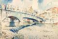 Ein Aquarell von Wilhelm Kohlhoff mit dem Titel &bdquo;Blick auf die Mainbrücke&ldquo;.