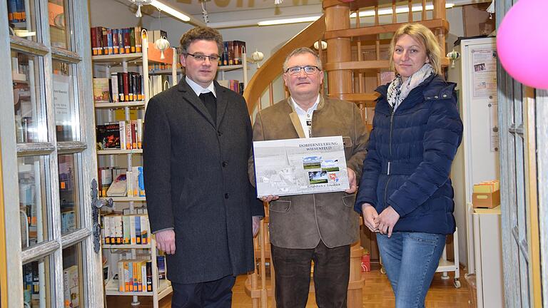 In dem als Bücherei genutzten Gartenpavillon von 1771, dessen Renovierung ebenfalls eine Maßnahme der Dorferneuerung war, stellte Theo Dittmaier den Bildband 'Dorferneuerung Wiesenfeld, Erlenbach und Rettersbach, 1990-2017' vor.völkerung. Im Bild von links: Pfarrer Simon Mayer, Theo Dittmaier und Büchereileiterin Caroline Schaupp.