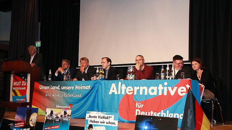 Das Podium der AfD im Rathaussaal Karlstadt. Von links Kurt Schreck, Guido Reil, Jörg Meuthen, Gottfried Curio, Stefan Cartsburg, Jochen Behr und Daniela Mahler.