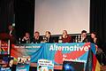 Das Podium der AfD im Rathaussaal Karlstadt. Von links Kurt Schreck, Guido Reil, Jörg Meuthen, Gottfried Curio, Stefan Cartsburg, Jochen Behr und Daniela Mahler.