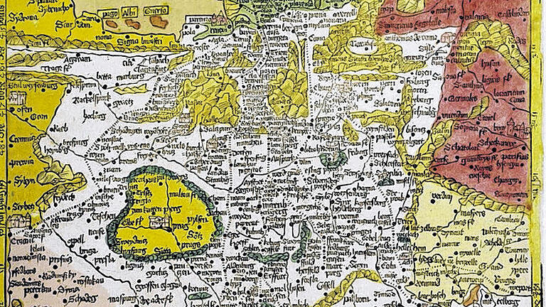 Die älteste gedruckte Straßenkarte Europas: die Romweg-Karte des Nürnberger Kartografen Erhard Etzlaub (um 1500, Ausschnitt).