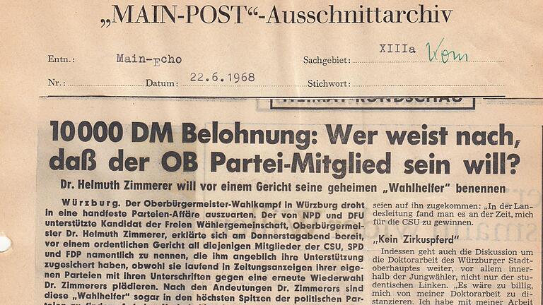 22. Juni 1968, Main-Echo: 10.000 DM Belohnung: Wer weist nach, dass der OB Partei-Mitglied sein will?