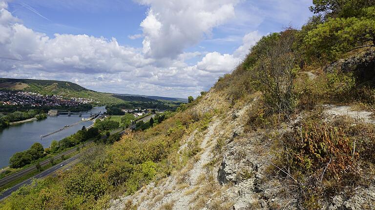Blick von der Ruine Ravensburg aus ins Maintal. Die Ruine, von der nur ein Rest des Bergfrieds erhalten ist, liegt zwischen Veitshöchheim und Thüngersheim (Lkr. Würzburg). Blick von der Ruine Ravensburg aus ins Maintal. Die Ruine, von der nur ein Rest des Bergfrieds erhalten ist, liegt zwischen Veitshöchheim und Thüngersheim (Lkr. Würzburg).