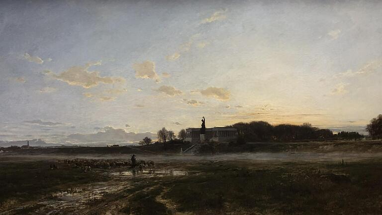 In Adolf Heinrich Liers 'Theresienwiese mit der Bavaria bei Abendlicht' von 1882 hat das Licht die Herrschaft über die Materie übernommen (Ausschnitt).