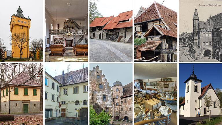 Die geöffneten Denkmäler (von links oben nach rechts unten): Wasserturm (Schweinfurt), Wallfahrtskirche (Eckartshausen), Kirchgaden (Gochsheim), Riehlshof (Herlheim), Rathaus (Schweinfurt), Dianenslust-Hütte (Mainberg), Spitalgebäude (Schweinfurt), Schloss Schwebheim, Bauernmuseum (Üchtelhausen), St.-Bartholomäus-Kirche (Weipoltshausen)