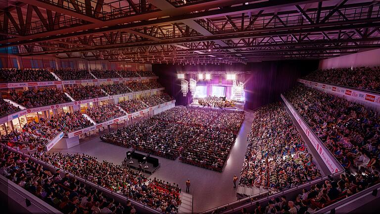 Animation für eine der möglichen Funktionen: Die geplante Arena bei einem Konzert mit bestuhltem Innenraum. Animation für eine der möglichen Funktionen: Die geplante Arena bei einem Konzert mit bestuhltem Innenraum.