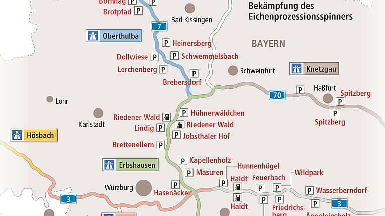 Pakplätze und Rastanlagen, an denen die Autobahndirektion Nordbayern derzeit den Eichenprozessionsspinner bekämpft Grafik: Heike Grigull Pakplätze und Rastanlagen, an denen die Autobahndirektion Nordbayern derzeit den Eichenprozessionsspinner bekämpft Grafik: Heike Grigull