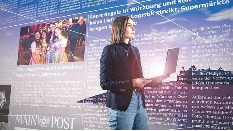 140 Jahre Medien in der Region: Ausschnitt aus dem Titelbild der Jubiläumsbeilage der Main-Post. In Zeitungsanzeigen werben Redakteurinnen und Redakteure für die Beiträge daraus.&nbsp;