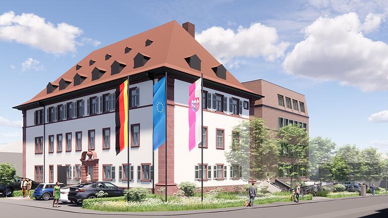 So soll das sanierte Gebäude der VG Marktheidenfeld an der Petzoltstraße nach der Sanierung mit einem neuen Anbau aussehen.
