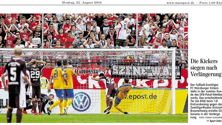 Kickers Zeitungstitel-Bild 22.8.16       -  Der Hype um die Würzburger Kickers in der 2. Bundesliga ist groß. Aber der Umfang von Berichterstattung und Bildern wird nicht von allen Lesern gut geheißen. Hier das Titelbild der Zeitung vom Montag, 22.8.2016