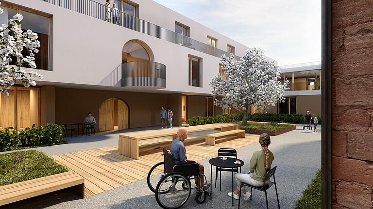 Die Illustration zeigt das geplante Seniorenzentrum "An den Höfen" mit dem Innenhof in Uettingen. Die Illustration zeigt das geplante Seniorenzentrum "An den Höfen" mit dem Innenhof in Uettingen.