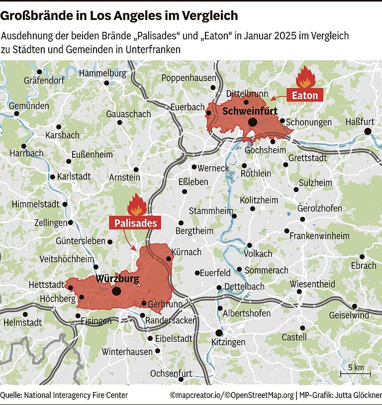 So groß sind die verheerenden Brände in Los Angeles im Vergleich zu Flächen rund um Würzburg und Schweinfurt So groß sind die verheerenden Brände in Los Angeles im Vergleich zu Flächen rund um Würzburg und Schweinfurt