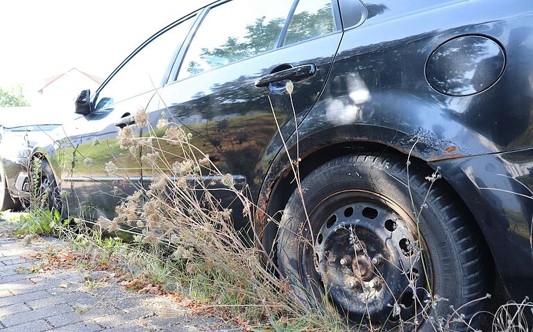 Rund um das Auto wuchert das Unkraut, am Wagen selbst nagt der Rost. Rund um das Auto wuchert das Unkraut, am Wagen selbst nagt der Rost.