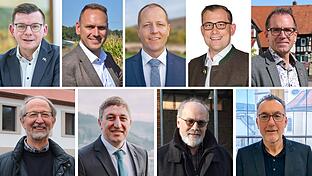 Die amtierenden Bürgermeister im Raum Hammelburg (von links oben nach rechts unten): Armin Warmtuh, Mario Götz, Johannes Krumm, Florian Atzmüller, René Gerner, Peter Bergel, Rainer Morper, August Weingart und Thomas Hack.