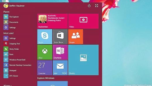 So sieht das neue Windows 10 auf dem Startbildschirm aus: Startknopf und Startmenü sind zurück, gleichzeitig kombiniert Microsoft die Ansicht aber mit den bislang ungeliebten Kacheln. Das Betriebssystem soll auf allen Endgeräten praktisch gleich aussehen.