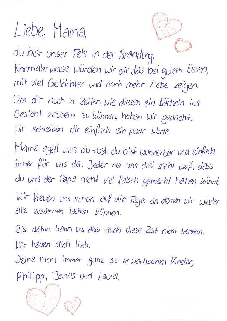 Laura Kempf aus Homburg (Lkr. Main-Spessart), Philipp und Jonas würde den Muttertag eigentlich gerne bei gutem Essen und viel Gelächter feiern ... Laura Kempf aus Homburg (Lkr. Main-Spessart), Philipp und Jonas würde den Muttertag eigentlich gerne bei gutem Essen und viel Gelächter feiern ...