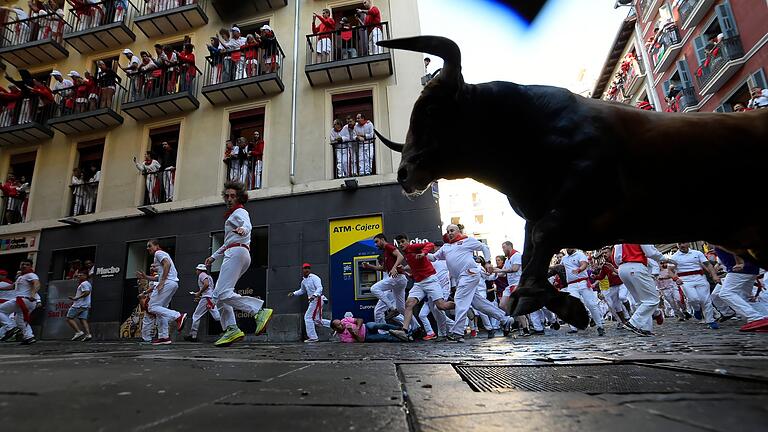 Sanfermín-Fest-Fest in Pamplona       -  Um die 600 Kilogramm schwere Muskelpakete, bis zu 40 Sachen schnell und nicht zum Spaßen aufgelegt - Kampfstiere bei den berühmten und umstrittenen Stierhatzen im nordspanischen Pamplona.