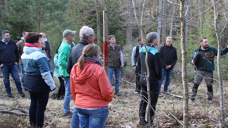 Die Oberthulbaer Gemeinderäte trafen sich zum Waldbegang nördlich von Oberthulba unter anderem im Waldgebiet „Schonderholz“.       -  Die Oberthulbaer Gemeinderäte trafen sich zum Waldbegang nördlich von Oberthulba unter anderem im Waldgebiet „Schonderholz“.
