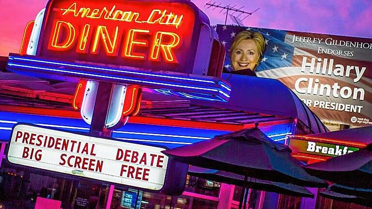 Marquee Advertises Presidential Debate Between Donald Trump and H       -  Werbung für das bevorstehende TV-Duell Clinton gegen Trump an einem Restaurant in Washington. Jim Lo Scalzo, dpa