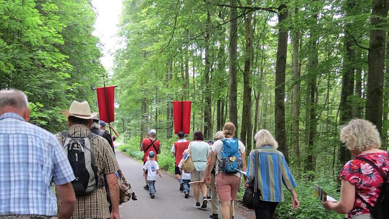 Fahnen und Kreuz gehen Wallfahrern stetig voran - Fahnen und Kreuz gehen Wallfahrern stetig voran Fahnen und Kreuz gehen Wallfahrern stetig voran - Fahnen und Kreuz gehen Wallfahrern stetig voran