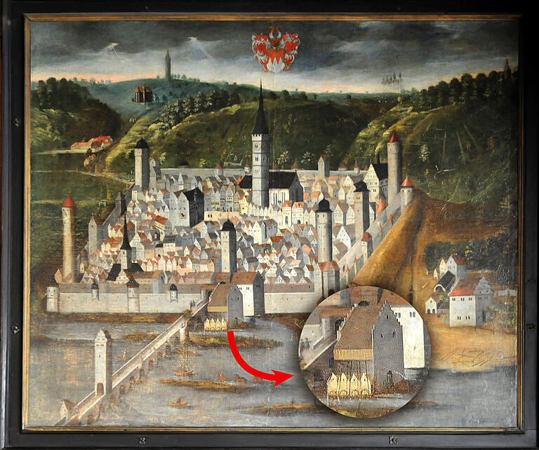 So sah die Stadt Ochsenfurt 1623 aus, hervorgehoben ist die Mainmühle. So sah die Stadt Ochsenfurt 1623 aus, hervorgehoben ist die Mainmühle.