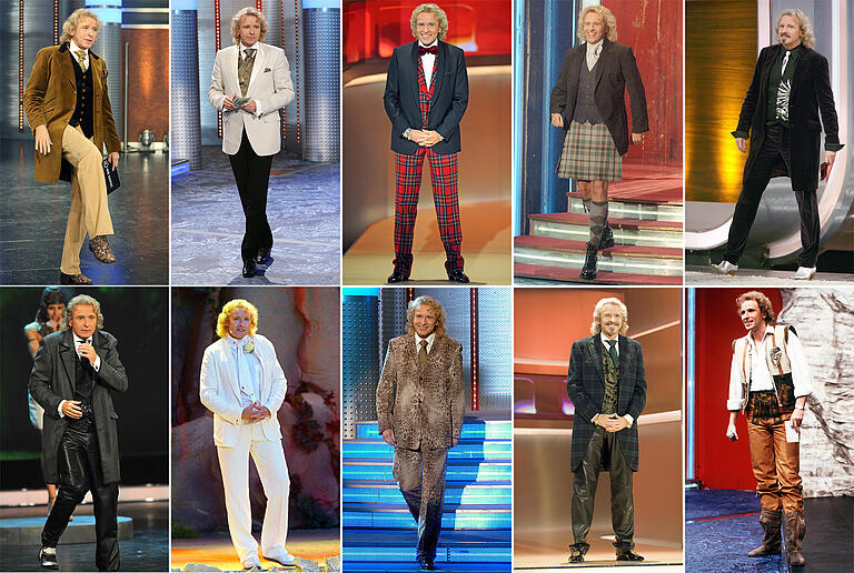 Diese Kontinuität muss man erst einmal hinbekommen: Immer bescheuert angezogen, dazu diese reichlich seltsame Frisur. Thomas Gottschalk in verschiedenen Outfits bei früheren 'Wetten, dass..?'-Ausgaben. Diese Kontinuität muss man erst einmal hinbekommen: Immer bescheuert angezogen, dazu diese reichlich seltsame Frisur. Thomas Gottschalk in verschiedenen Outfits bei früheren 'Wetten, dass..?'-Ausgaben. 