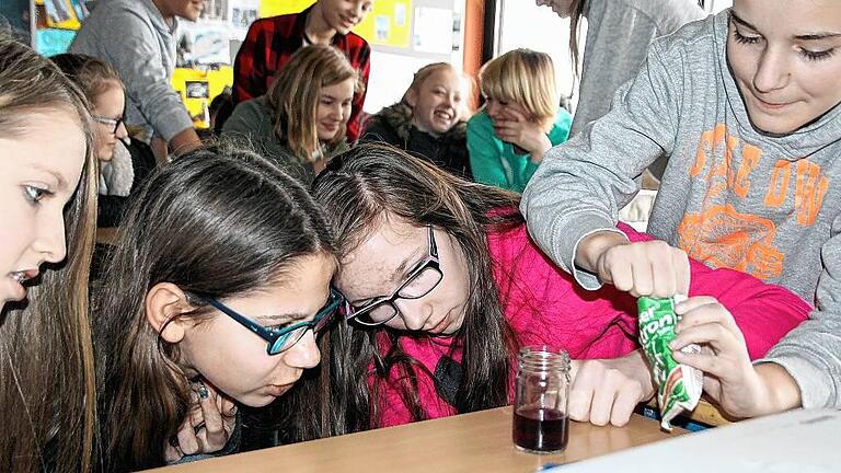 Gespannt verfolgen die Schüler der Realschule Schonungen, wie Natron Rotkohlsaft verändert. Gespannt verfolgen die Schüler der Realschule Schonungen, wie Natron Rotkohlsaft verändert.