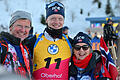 Biathlon: Weltmeisterschaft       -  Familienfeier in Oberhof: Weltmeister Johannes Thingnes Bö aus Norwegen mit seinen Eltern Klemet Bö und Aslaug Hildegunn Thingnes Bö in der  Arena am Rennsteig.