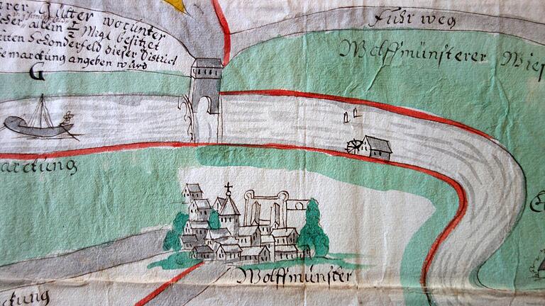 Ausschnitt aus der von Joannes G. Brandt gemalten Karte von 1727 mit Brücke und Zollhaus (Staatsarchiv Würzburg) Ausschnitt aus der von Joannes G. Brandt gemalten Karte von 1727 mit Brücke und Zollhaus (Staatsarchiv Würzburg)