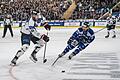 Straubing Tigers - HC Fribourg-Gottéron       -  Fribourgs Julien Sprunger (l) kämpft um den Puck gegen Straubings Justin Scott.
