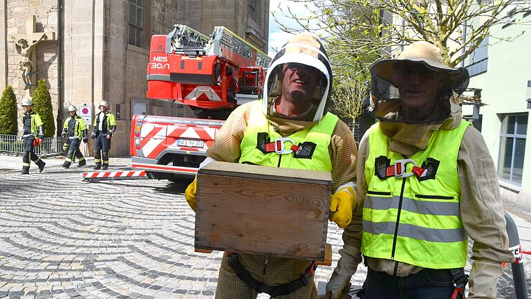Im Kasten: Die Imker Otto Jahrsdörfer (rechts) und Christian Moritz siedelten die Bienen um.&nbsp;