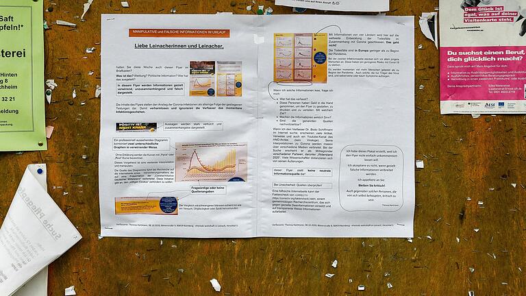 Da in Leinach Flyer von Corona-Leugnern in Briefkästen verteilt wurden, startete eine Bürgerin eine Aktion. Mit Plakaten (hier in der Rathausstraße) möchte sie auf die Falschinformationen hinweisen. Da in Leinach Flyer von Corona-Leugnern in Briefkästen verteilt wurden, startete eine Bürgerin eine Aktion. Mit Plakaten (hier in der Rathausstraße) möchte sie auf die Falschinformationen hinweisen.