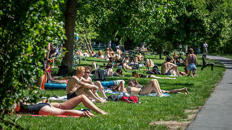 Blick auf das Mainufer im Würzburger Stadtteil Sanderau: Bei heißen Temperaturen zieht es gerade viele junge Leute auf die Mainwiese.