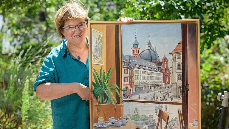 Sigrid Mahsberg mit dem Bild des Malers Hermann Strobl, das den Blick aus dem ersten Stock des Cafés zeigt. Sigrid Mahsberg mit dem Bild des Malers Hermann Strobl, das den Blick aus dem ersten Stock des Cafés zeigt.