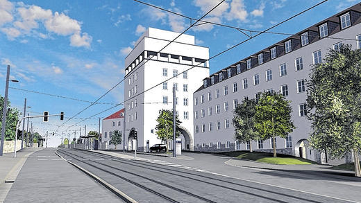Passage an der Frauenklinik: Hier laufen die Gleise in der Straßenmitte. Zufahrten müssen frei gehalten werden.