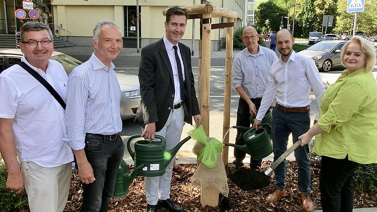 Beim Baumgießen (von links): Erwin Pfeuffer (Aktivsenioren), Dr. Philipp Schönfeld (LWG), Oberbürgermeister Christian Schuchardt, Bernd Rausch (Gartenamt der Stadt), Felix Ertl (Circular Carbon) und Stadträtin Sabine Wolfinger.