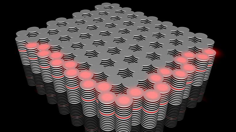 Ein neuartiger topologischer Isolator aus der Würzburger Physik: An seinen Kanten entlang fließt ein Strom aus Exziton-Polaritonen (rot), der sich kontrollieren lässt. Ein Beispiel für Quantenmaterialien, mit deren Erforschung sich das gemeinsame Exzellenzcluster der Uni Würzburg und der TU Dresden befasst.