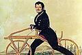 Freiherr Karl von Drais mit seiner Laufmaschine aus dem Jahr 1817.