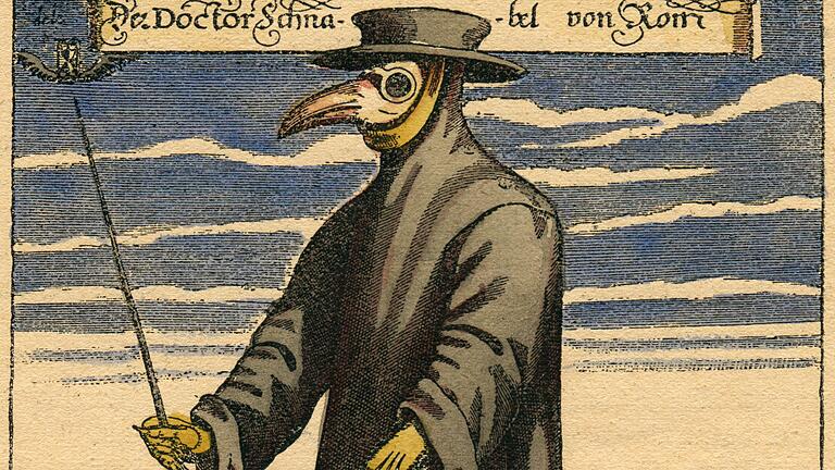 'Der Doktor Schnabel von Rom'.&nbsp;(Ein Pestarzt in Rom 1656). Kupferstich von Paul Fürst nach J.Columbina; spätere Kolorierung.