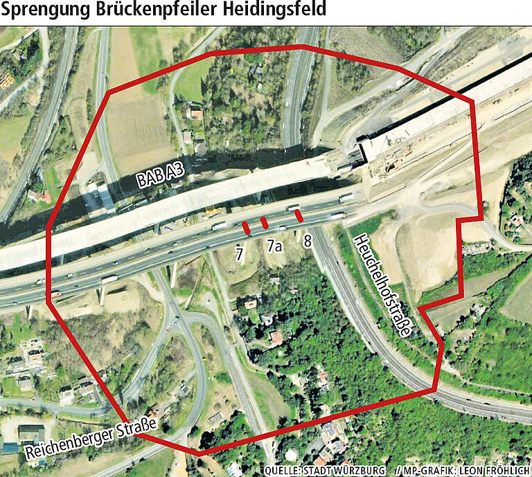 Die Sperrzone während der Sprengung der Brückenpfeiler. Die Sperrzone während der Sprengung der Brückenpfeiler.