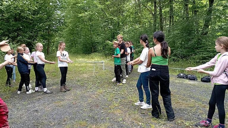 In einem Kräftemessen am Dreizug aus Seilen erfahren die Buben und Mädchen am eigenen Leib, wie vielfältig die Ansprüche der Menschen an den Wald sind. In einem Kräftemessen am Dreizug aus Seilen erfahren die Buben und Mädchen am eigenen Leib, wie vielfältig die Ansprüche der Menschen an den Wald sind.
