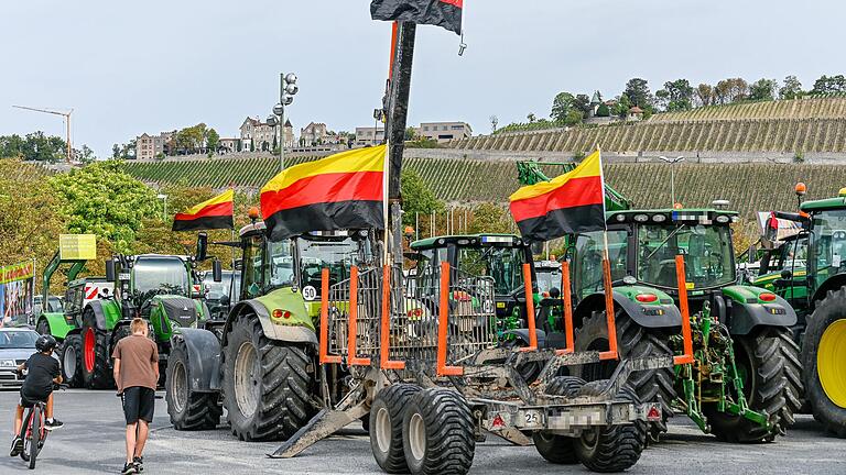 Umgedrehte Deutschlandflaggen wehten auf der Bauerndemo am 31. August in Würzburg. Laut der Bayerischen Informationsstelle gegen Extremismus sind sie ein Erkennungszeichen von Rechtsextremisten.