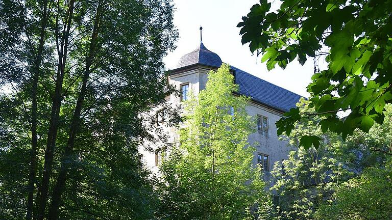 Dichter Baumbewuchs rund um das Schloss Wetzhausen, Stammsitz der Freiherren Truchseß von und zu Wetzhausen, verwehrt den Blick auf das stattliche vierstöckige Gebäude.